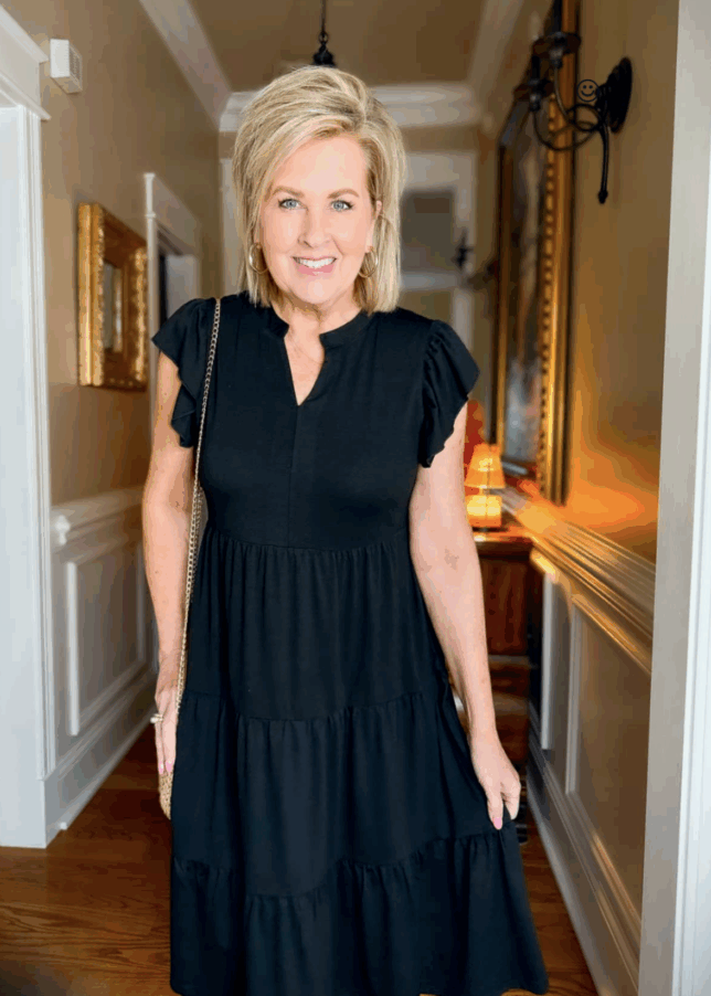 Tania wearing a black tiered dress from Amazon